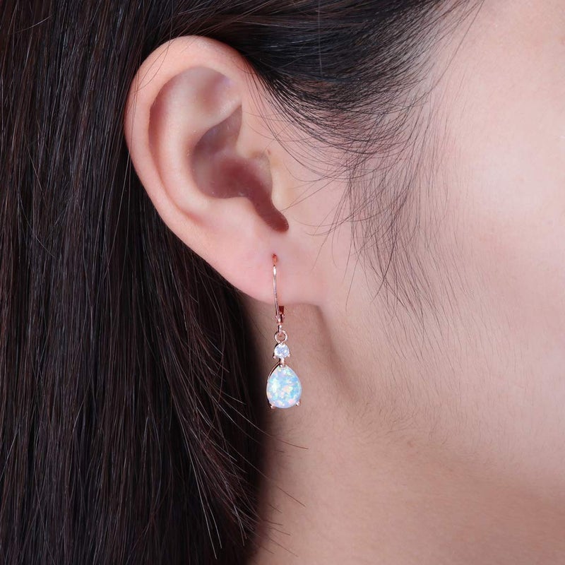 CiNily Rose Gold Plated Teardrop Opal Dangle Earrings for Women Leverback Drop Gemstone Earrings - Image 4